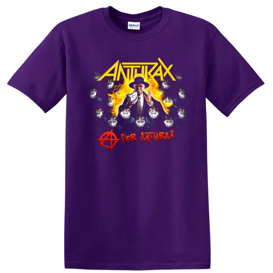 ANTHRAX metal band graphic with flames, masked faces, and bold lettering on T - Purple