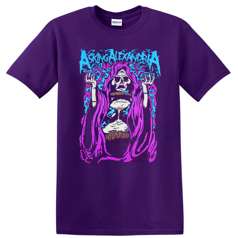 ASKING ALEXANDRIA skull graphic with blue and purple flames on a black T - Purple