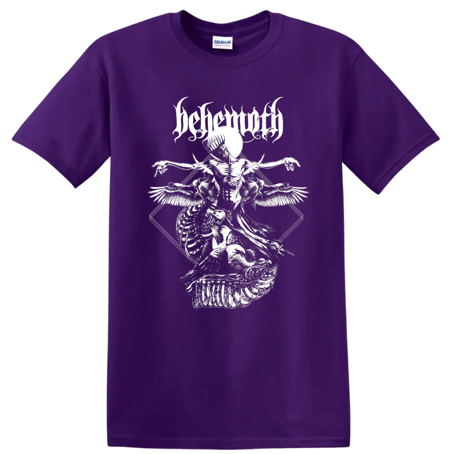 BEHEMOTH gothic metal graphic print with winged skeletal figure on T - Purple