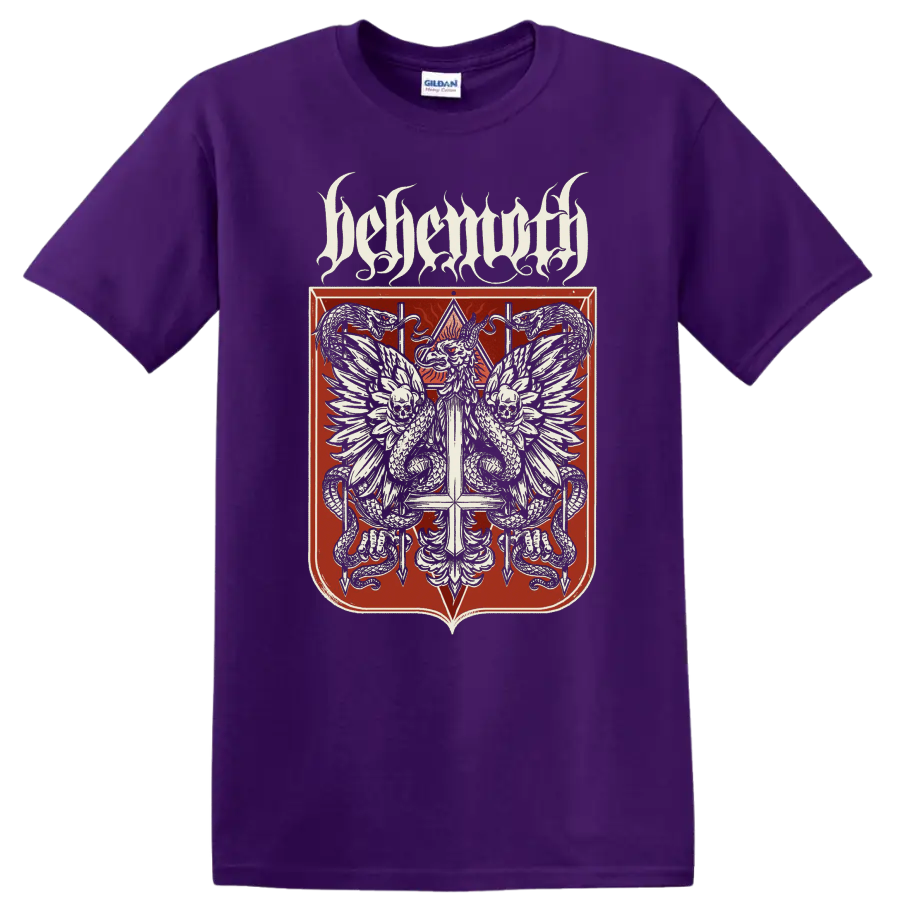 BEHEMOTH gothic metal crest with skulls, serpents, and wings on T - Purple