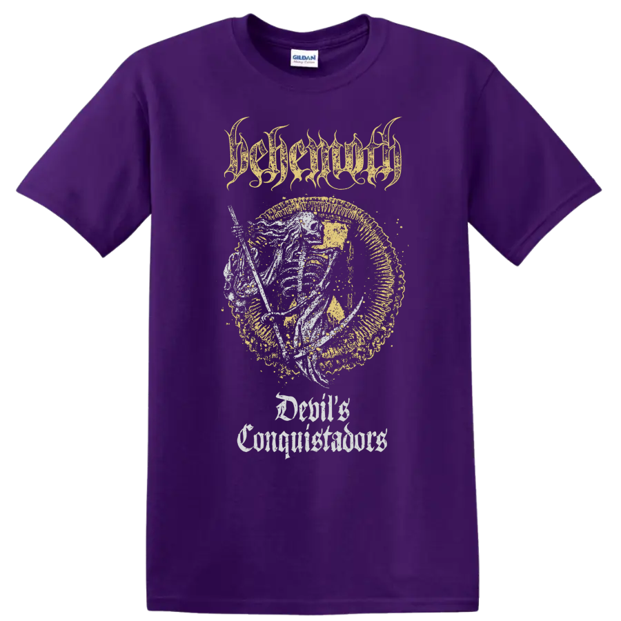 BEHEMOTH gothic metal graphic print with distressed lettering and emblem on T - Purple