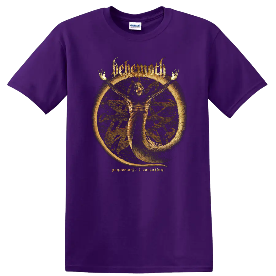 BEHEMOTH Pandemonic Incantations black metal graphic print T shirt with occult figure and burning - Purple