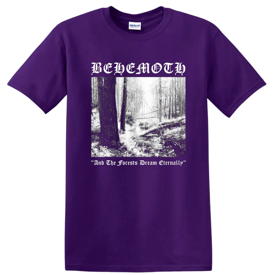 BEHEMOTH gothic text over black and white forest scene graphic print - Purple