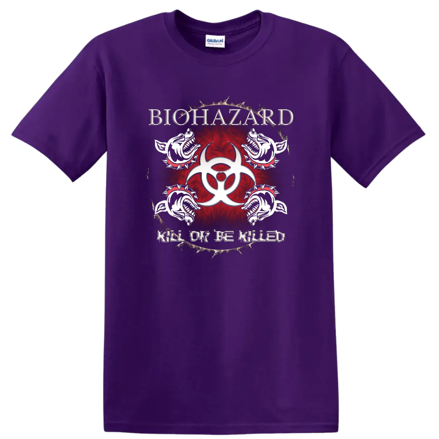 Biohazard graphic print T shirt with skull creatures, red biohazard symbol, and Kill or Be Killed - Purple