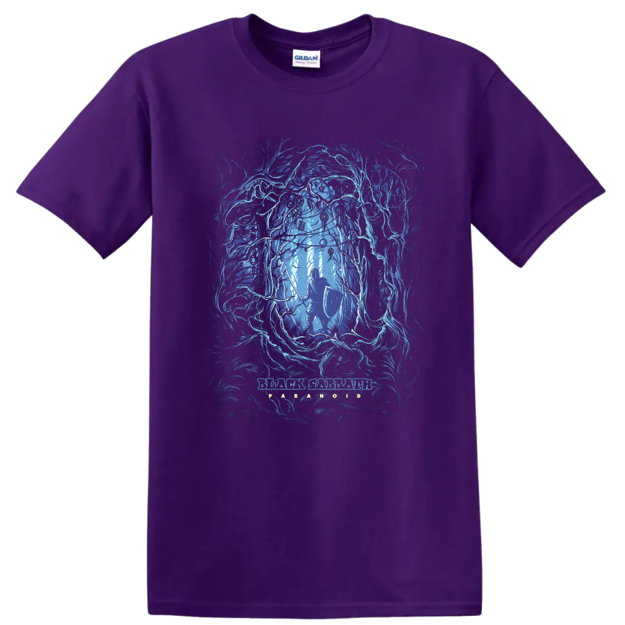 Black Sabbath dark fantasy rock metal graphic print with armored warrior in glowing blue - Purple