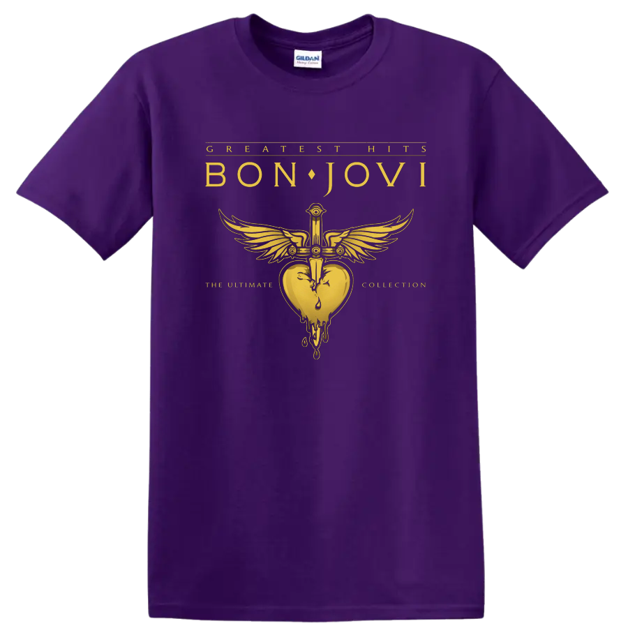 Bon Jovi Greatest Hits graphic with winged heart emblem and gold text on black T - Purple