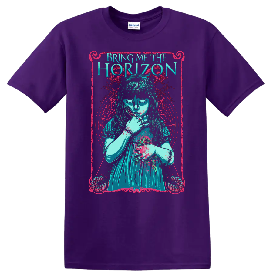 Bring Me The Horizon gothic graphic print T shirt with turquoise figure and pink - Purple