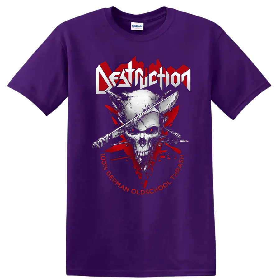 DESTRUCTION skull graphic print T shirt with crossed weapons and red thrash metal - Purple