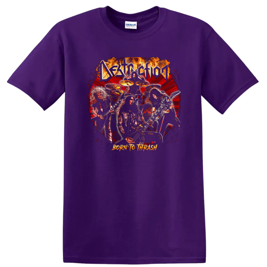 Destruction heavy metal band artwork with flames and Born to Thrash text T - Purple