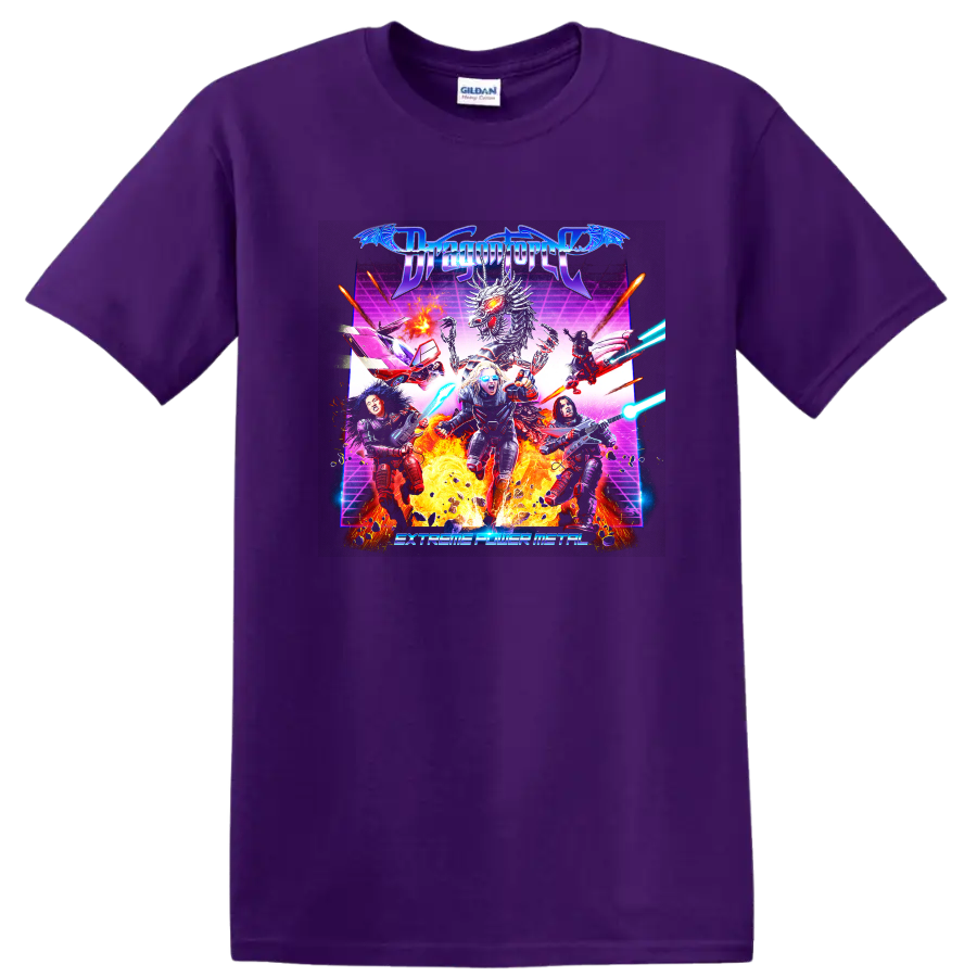 Dragonforce metal graphic print with dragon, flames, and band artwork T - Purple