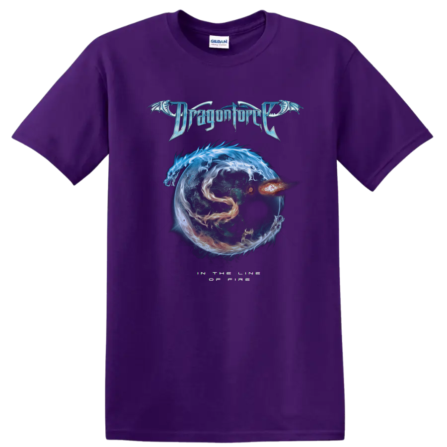 DragonForce logo with dragon artwork and fiery cosmic sphere graphic print T - Purple