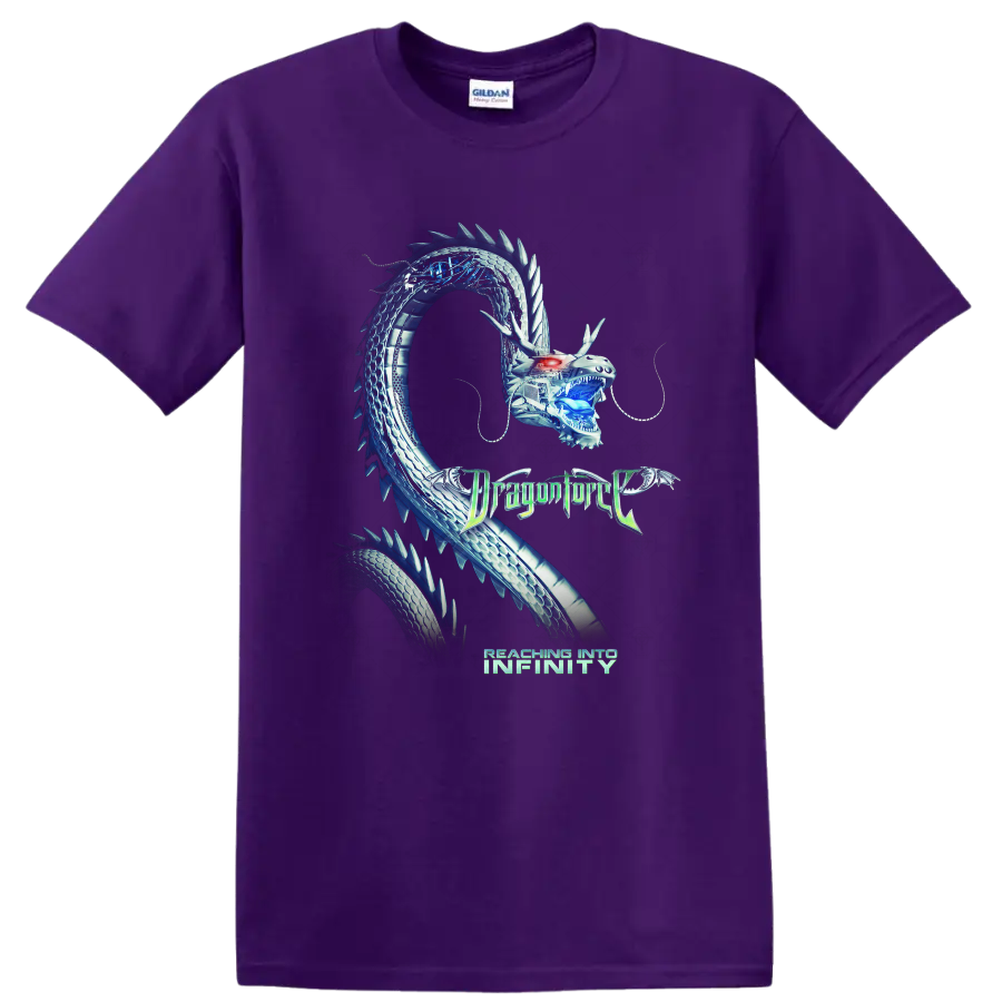 Blue mechanical dragon graphic with DragonForce Reaching Into Infinity text on a - Purple