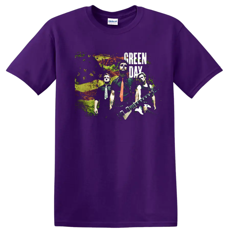 Green Day band graphic print with distressed background and bold text on a T - Purple