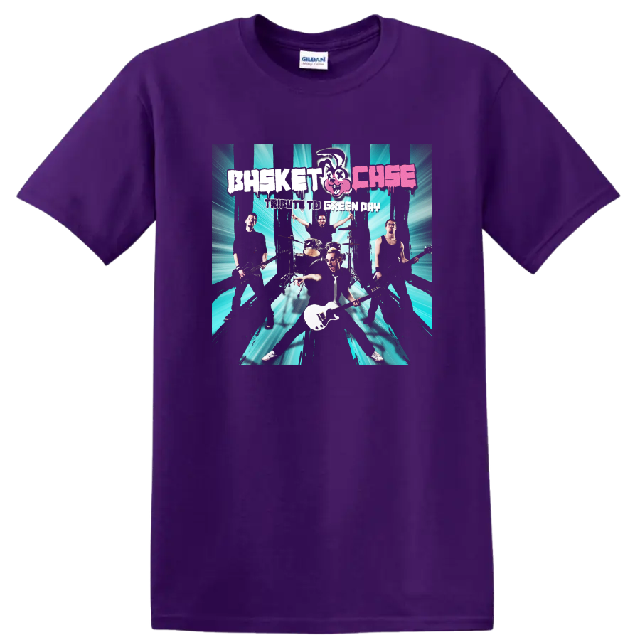 Green Day band graphic print with teal burst background and distressed lettering on T - Purple