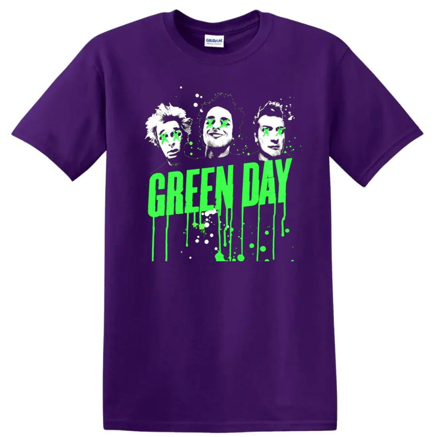 Green Day neon green dripping text with punk-style portraits graphic print T - Purple