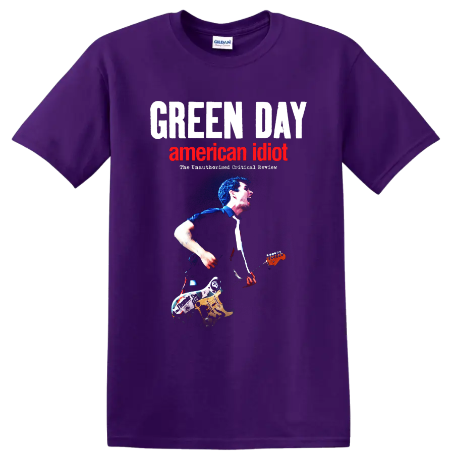 Green Day American Idiot rock music graphic print T shirt with musician playing - Purple