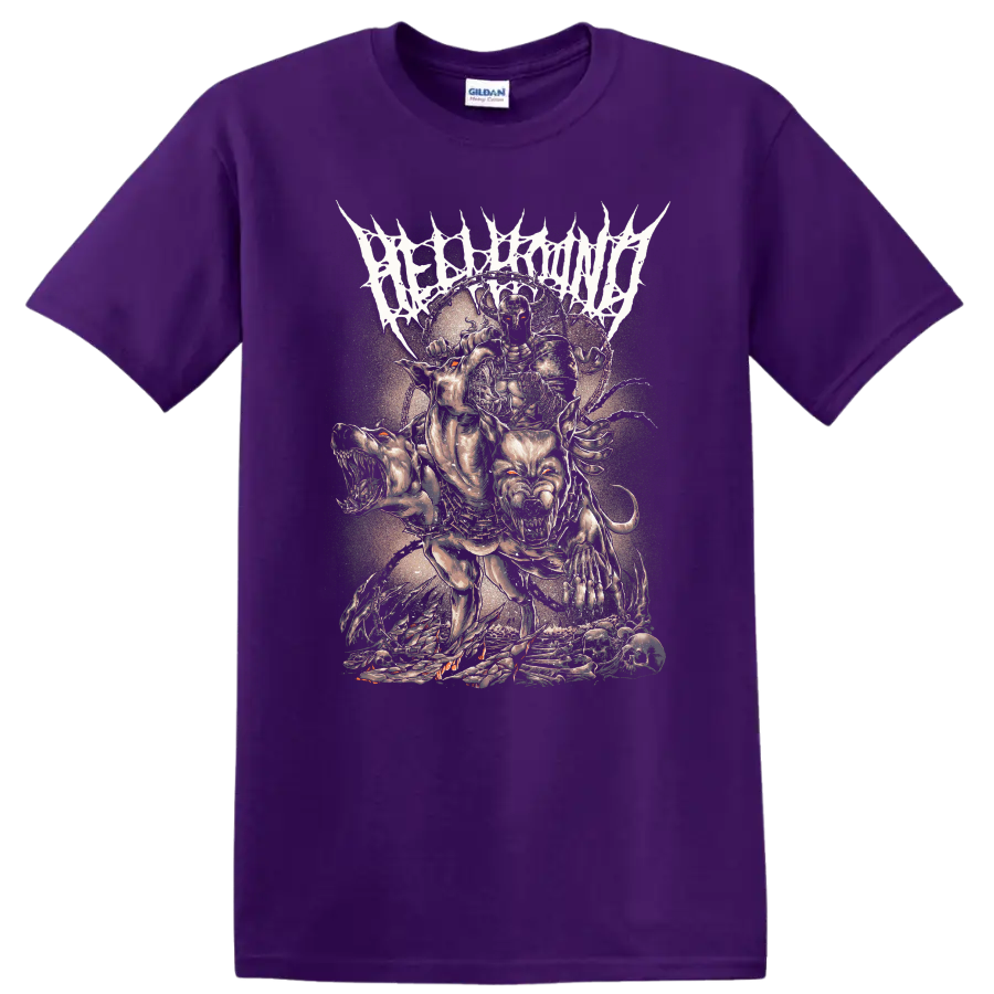 Fierce hellhound rock metal graphic print T shirt with dark horror - Purple