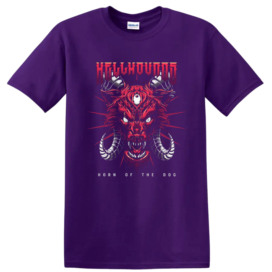 HELLHOUND hellhound beast graphic T shirt with fiery red and purple metal - Purple