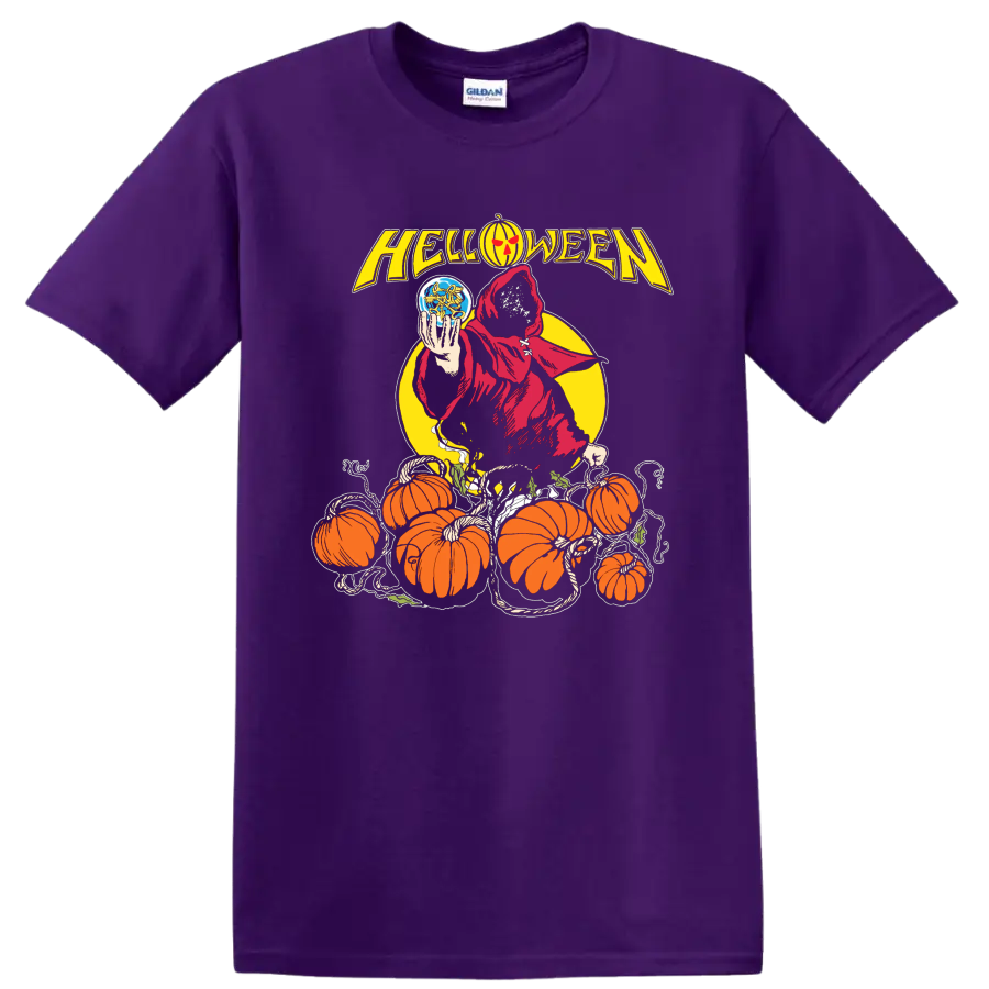 Helloween Halloween metal graphic with hooded reaper and pumpkins T - Purple