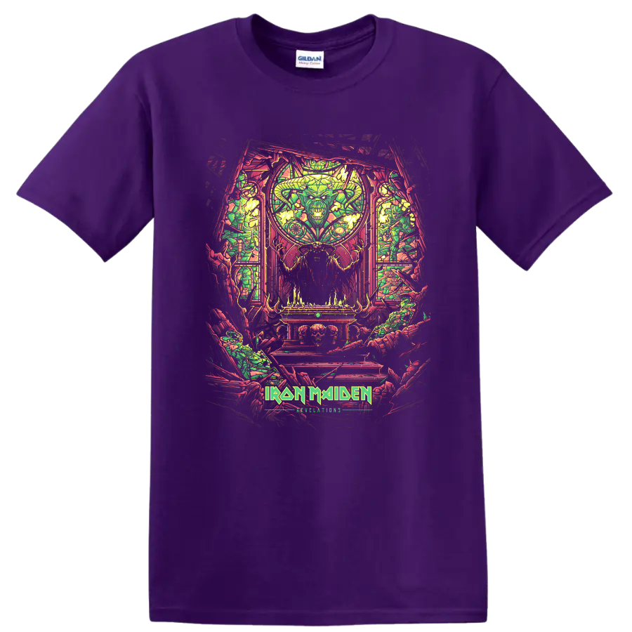Iron Maiden heavy metal artwork with horned demon figure and vivid stained-glass style graphic print T - Purple