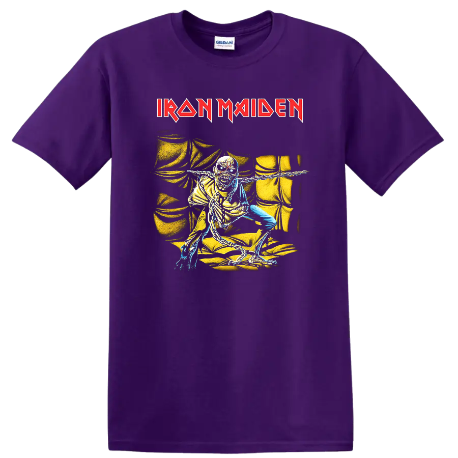 IRON MAIDEN logo with chained skull figure graphic on black - Purple