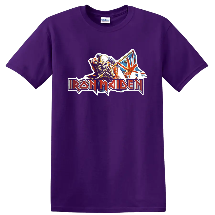 Iron Maiden rock metal logo with fierce mascot and Union Jack graphic on T - Purple