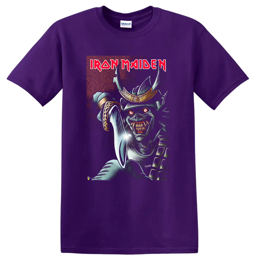 Iron Maiden text with fierce skull warrior metal graphic on a T - Purple