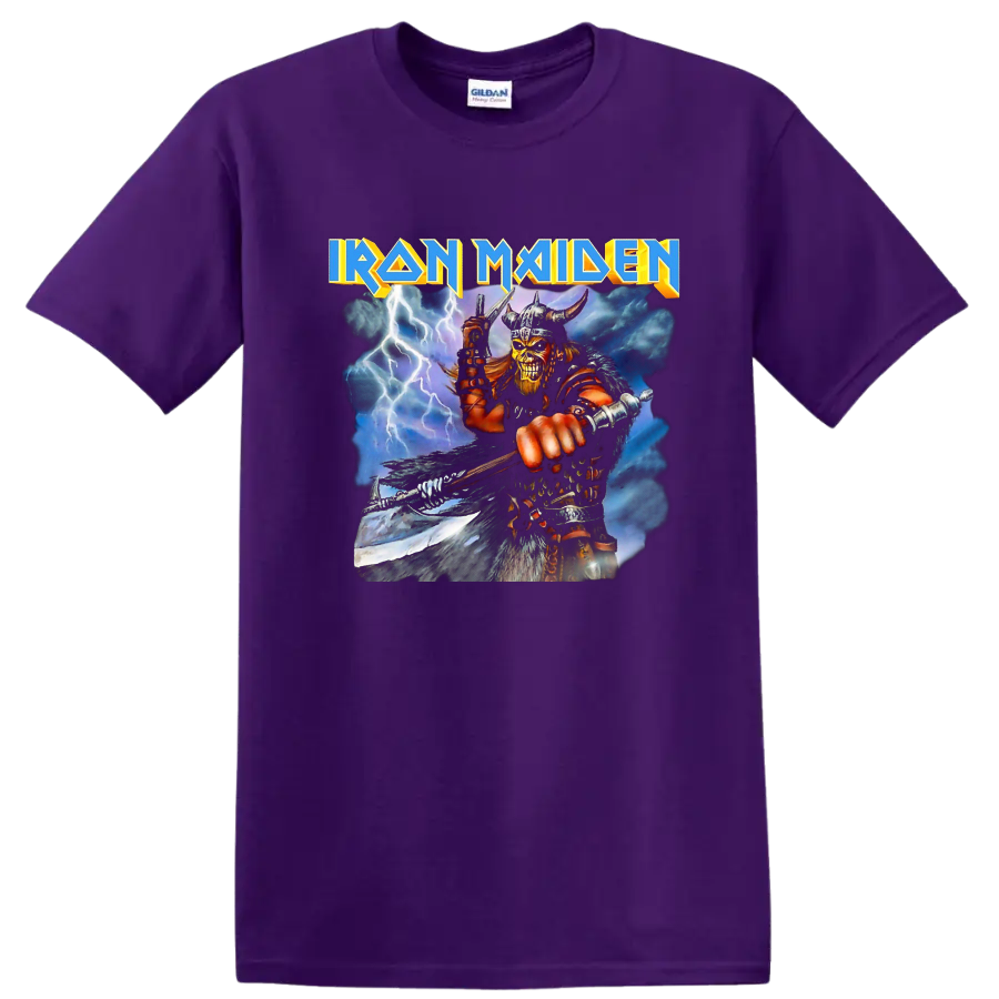 Iron Maiden text with horned warrior and lightning heavy metal graphic print - Purple