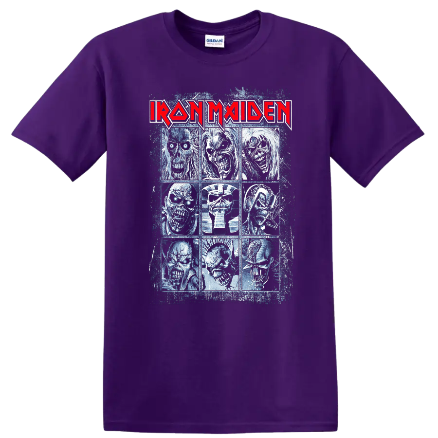 IRON MAIDEN logo with a collage of fierce undead character portraits graphic print - Purple