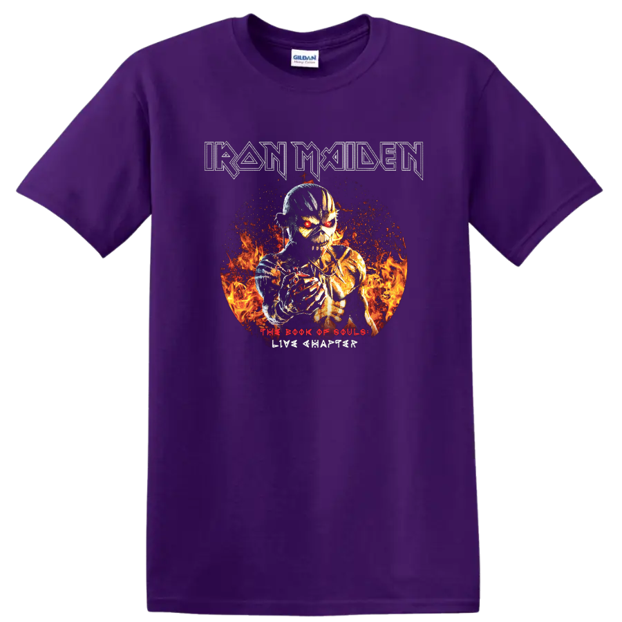Iron Maiden text with fiery skeleton warrior and The Book of Souls Live Chapter graphic print T - Purple