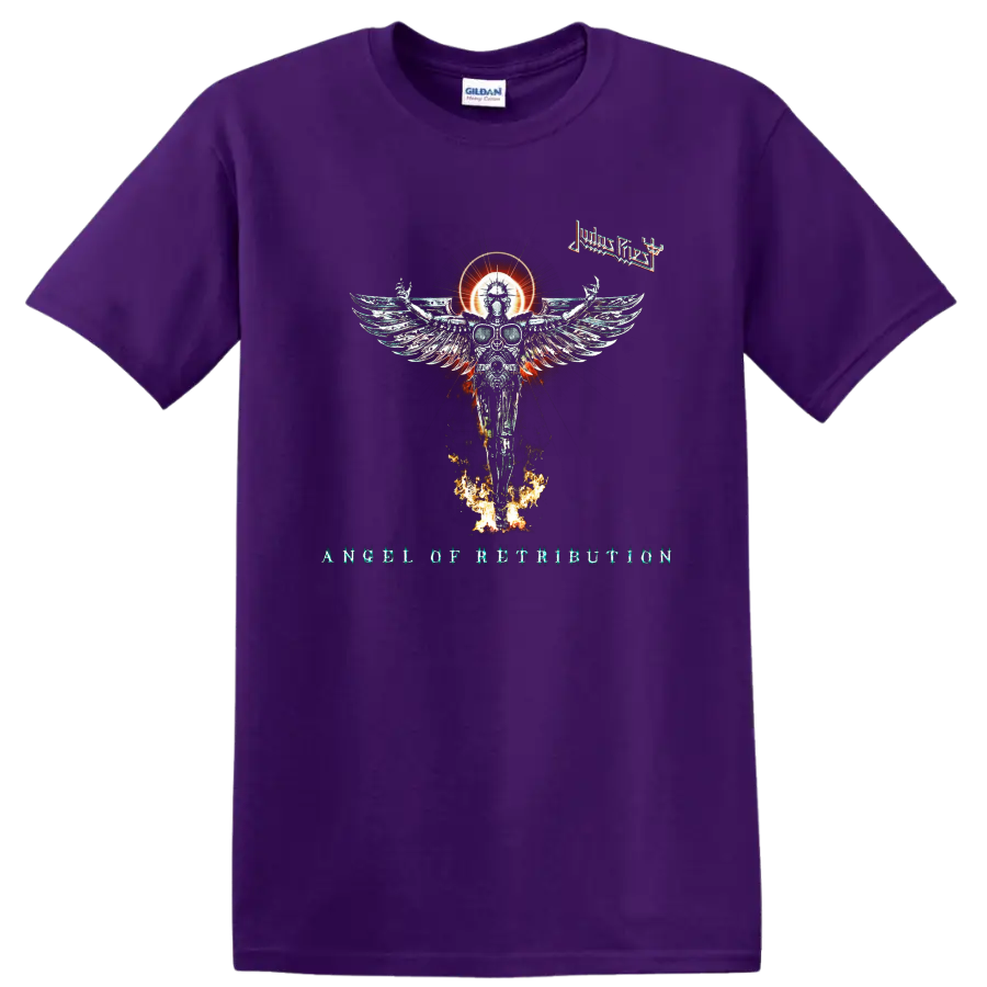 Judas Priest Angel of Retribution artwork with winged figure, fire, and band - Purple