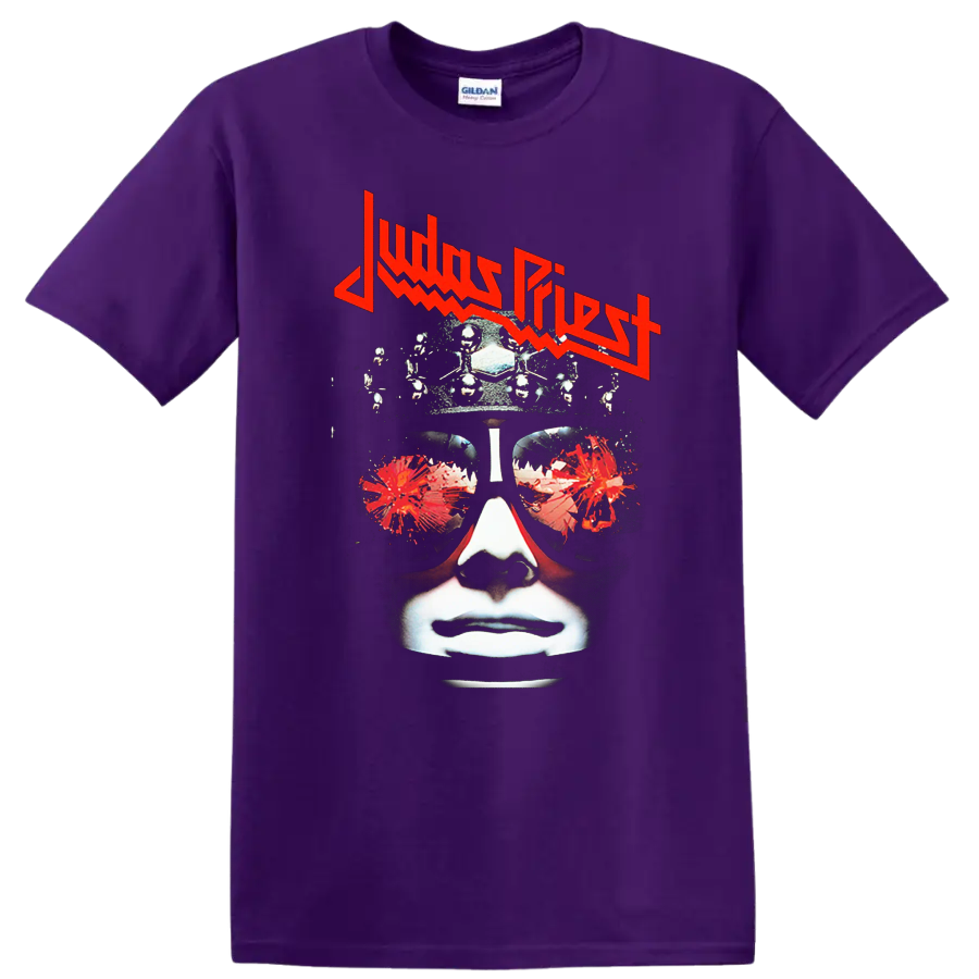 Judas Priest inspired heavy metal face graphic print T - Purple