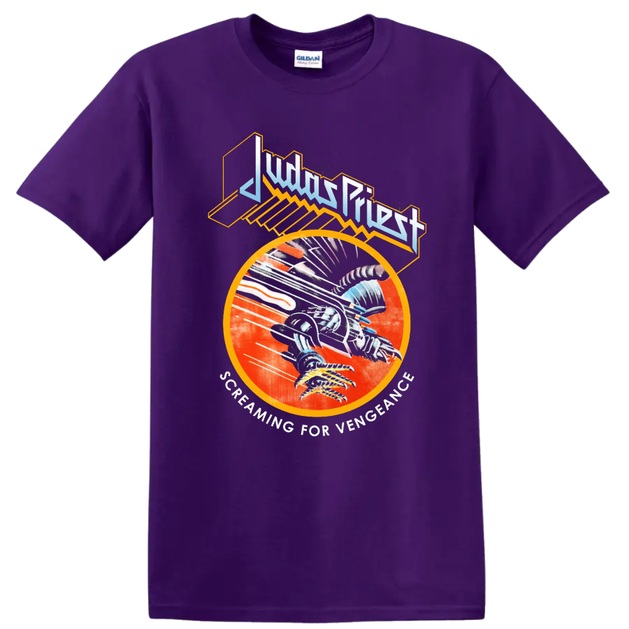 Judas Priest Screaming for Vengeance graphic with bold metal artwork T - Purple