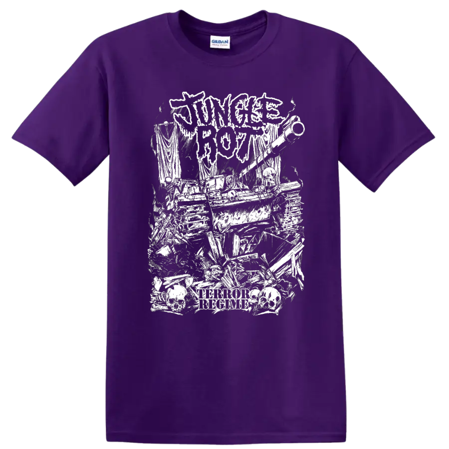 Jungle Rot horror metal graphic with skulls and distressed text on a T - Purple