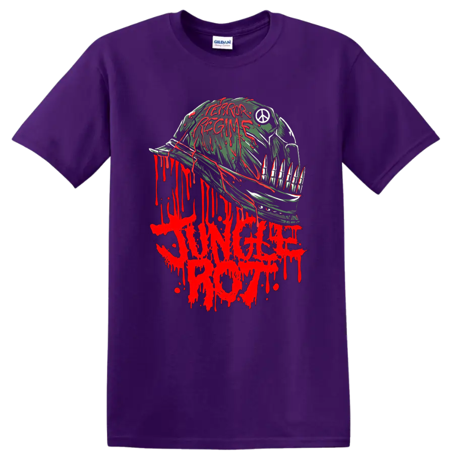 Jungle Rot Terror Regime horror metal graphic print with dripping helmet artwork T - Purple