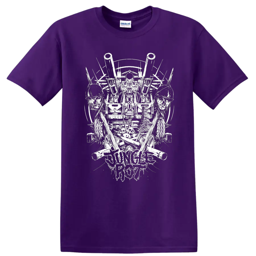 Jungle Rot death metal graphic print with skulls, soldiers, and - Purple