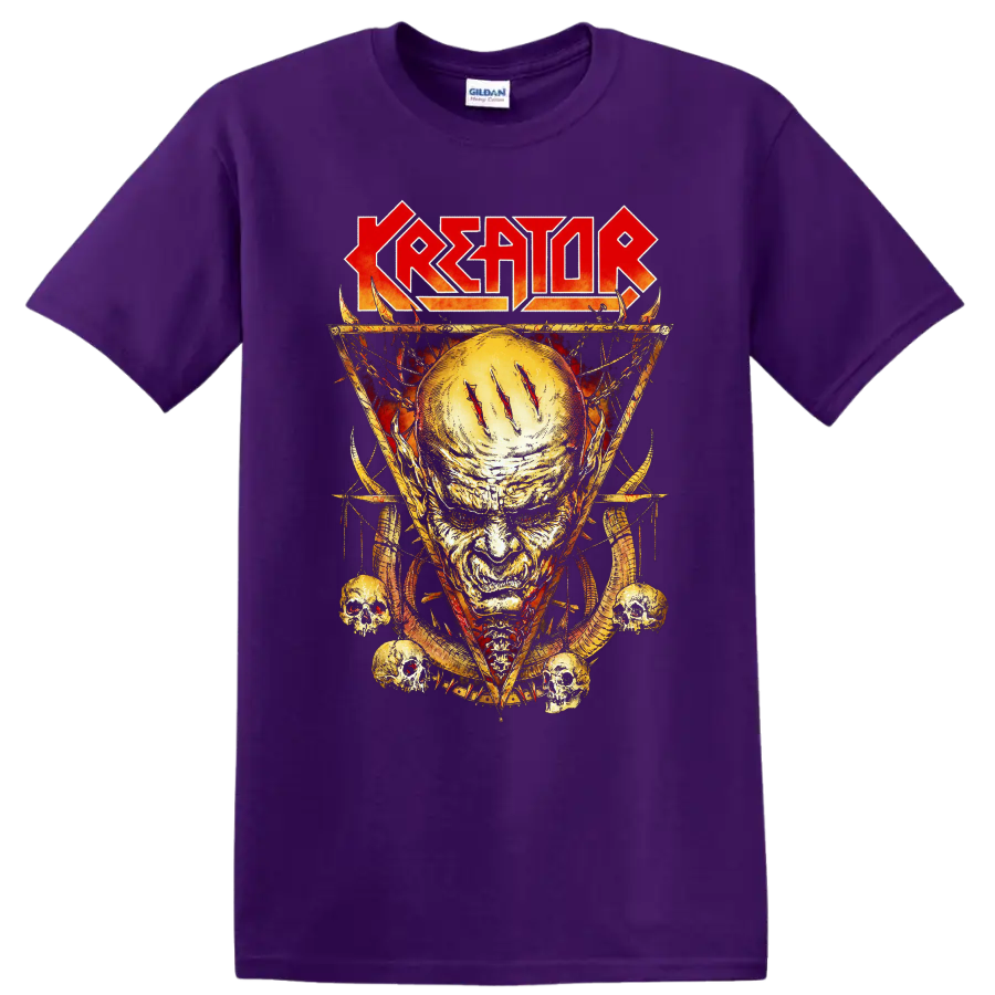 KREATOR rock metal skull graphic print T shirt with fiery aggressive band - Purple