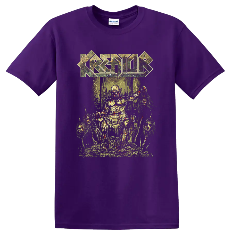 Kreator logo over horror metal throne scene graphic on T - Purple
