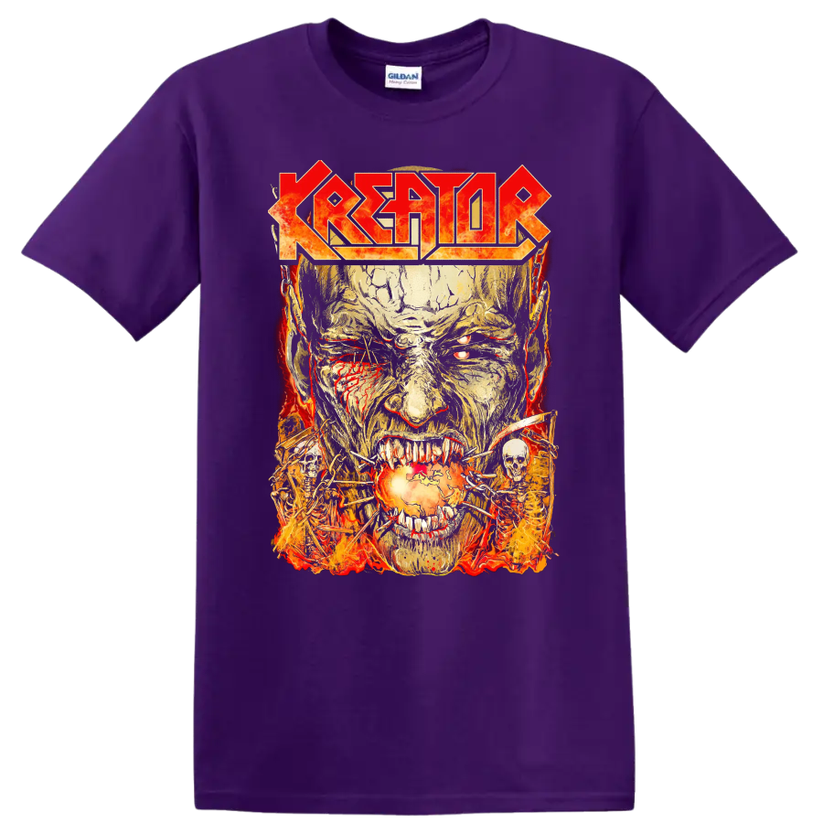 KREATOR logo with fiery skull face and chains graphic print - Purple