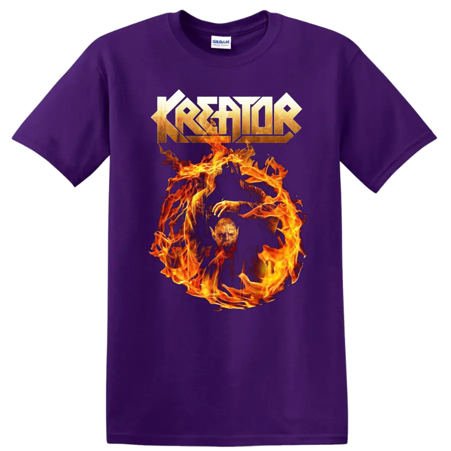 Kreator logo above a flaming skull graphic on a black T - Purple