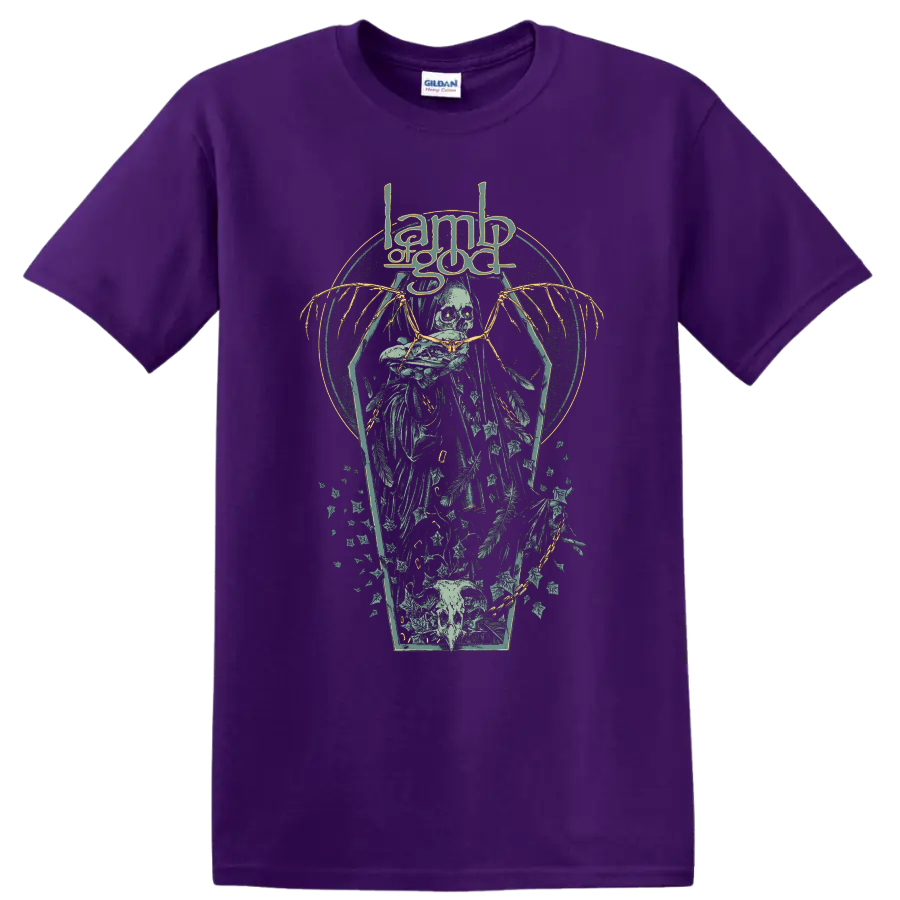 Lamb of God gothic skull and winged metal graphic T - Purple