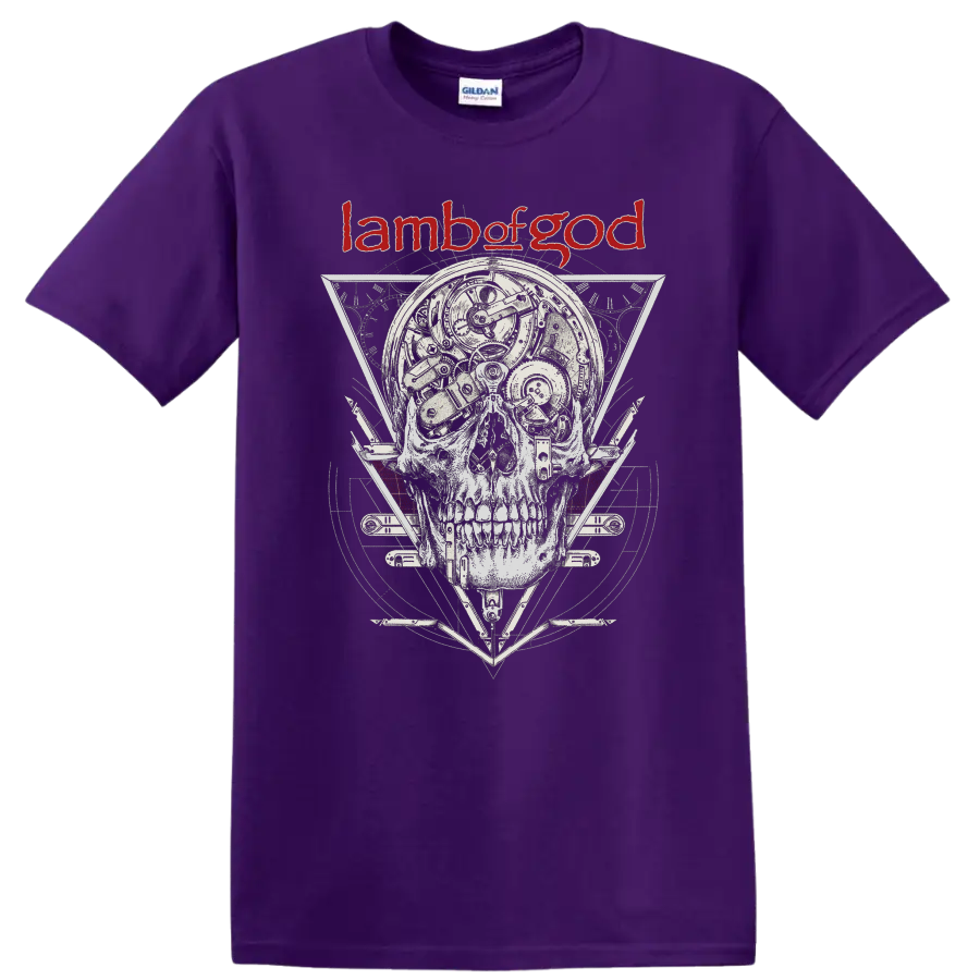 Lamb of God skull graphic with mechanical details and red logo on - Purple