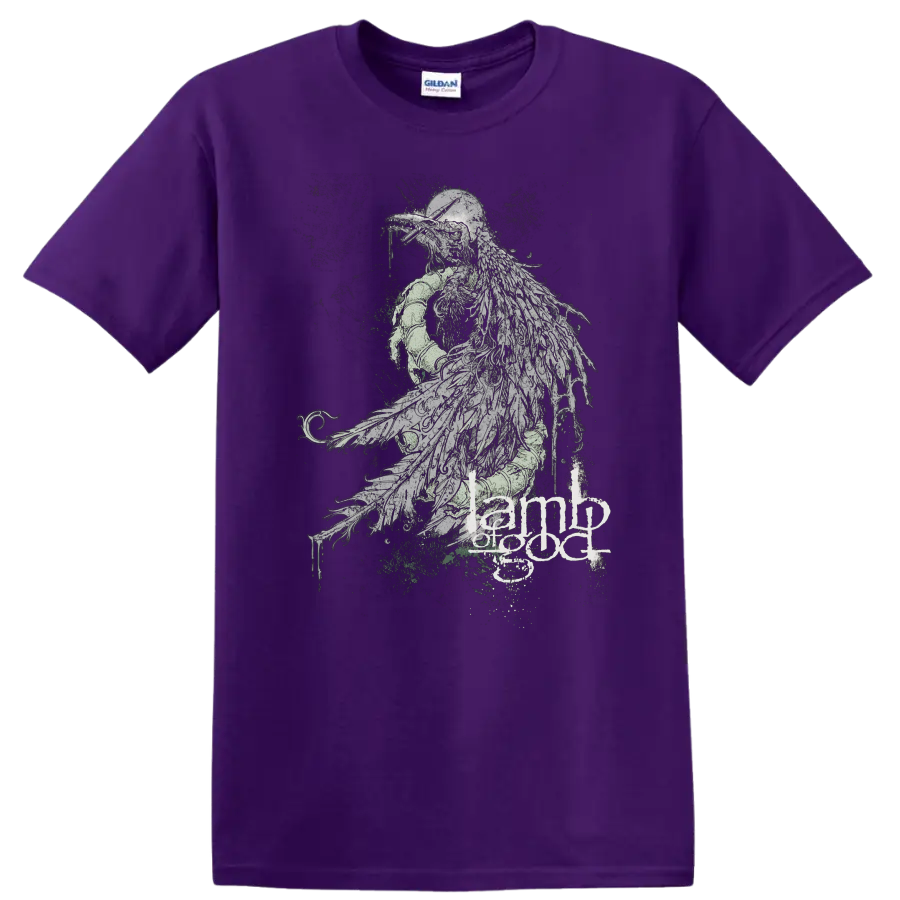 Dark raven metal graphic with Lamb of God text on black - Purple