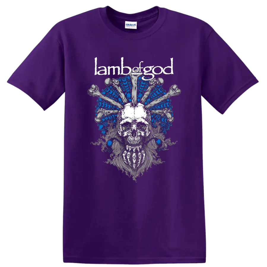 Lamb of God skull and bones graphic print T shirt with blue and gray metal - Purple