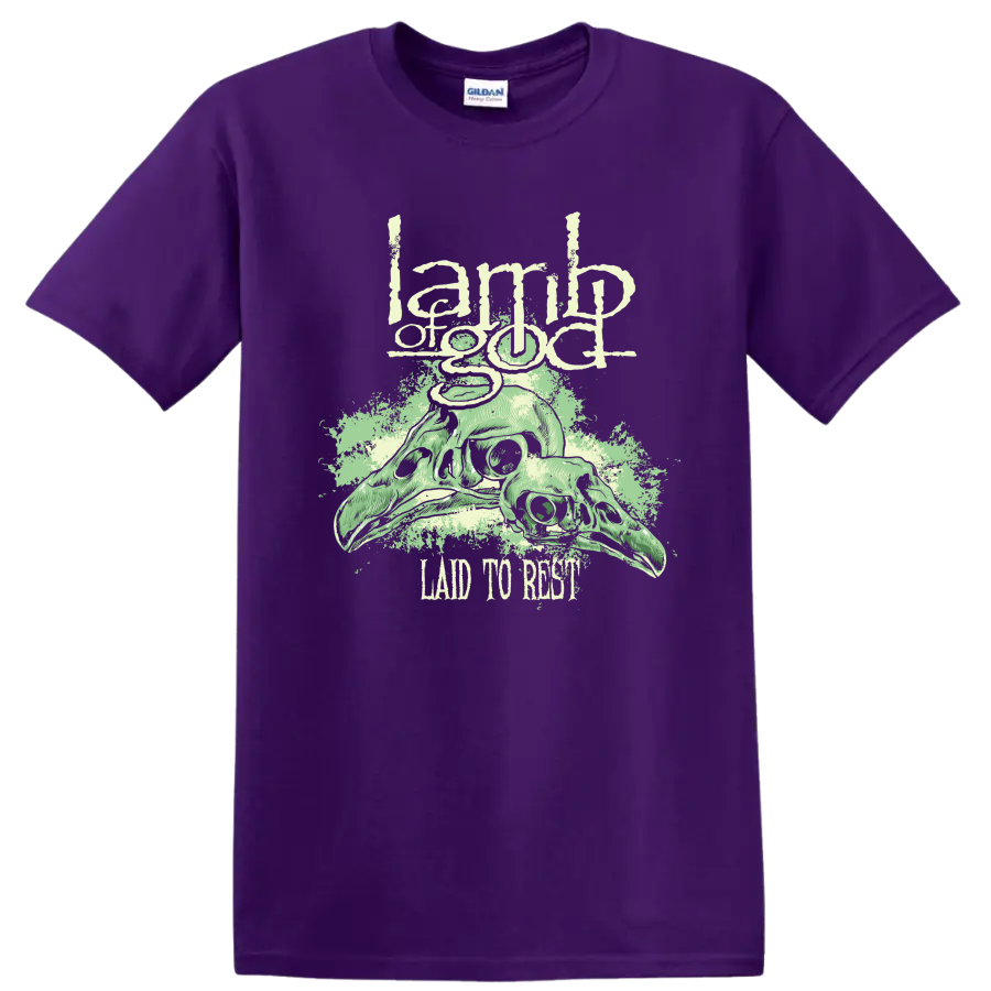 Lamb of God skull graphic with distressed rock metal text on a - Purple