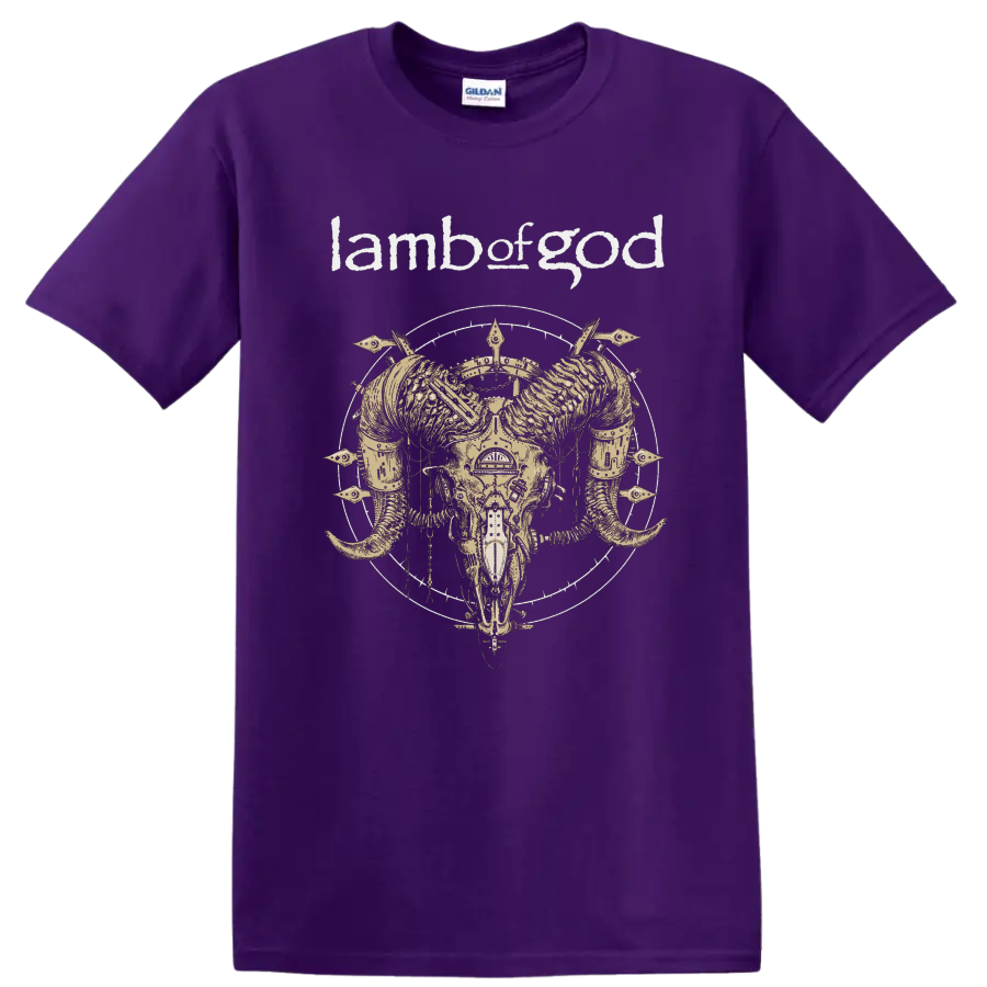 Lamb of God text with horned skull heavy metal graphic print on T - Purple