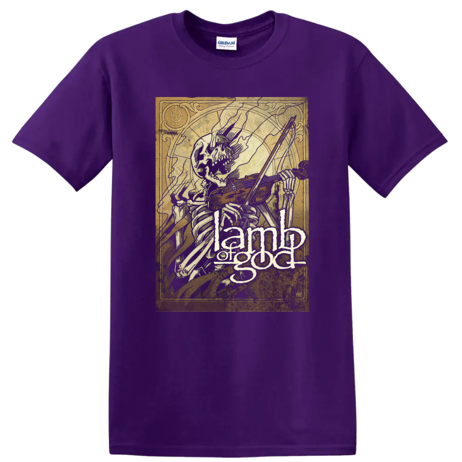 Skeleton playing violin with Lamb of God text in distressed dark metal graphic - Purple