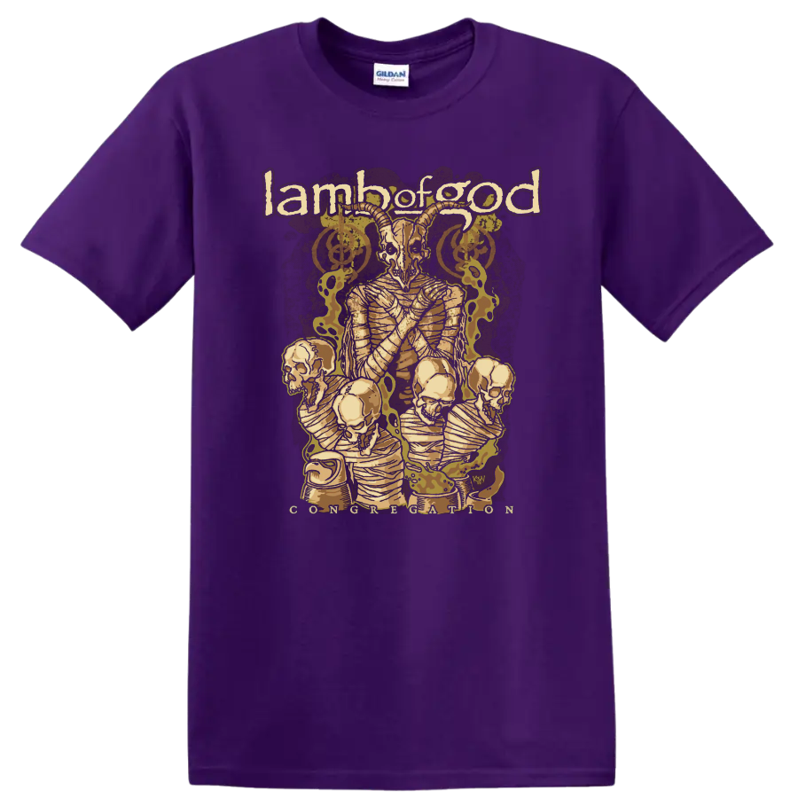 Lamb of God graphic print with horned demon, skulls, and distressed metal artwork on T - Purple