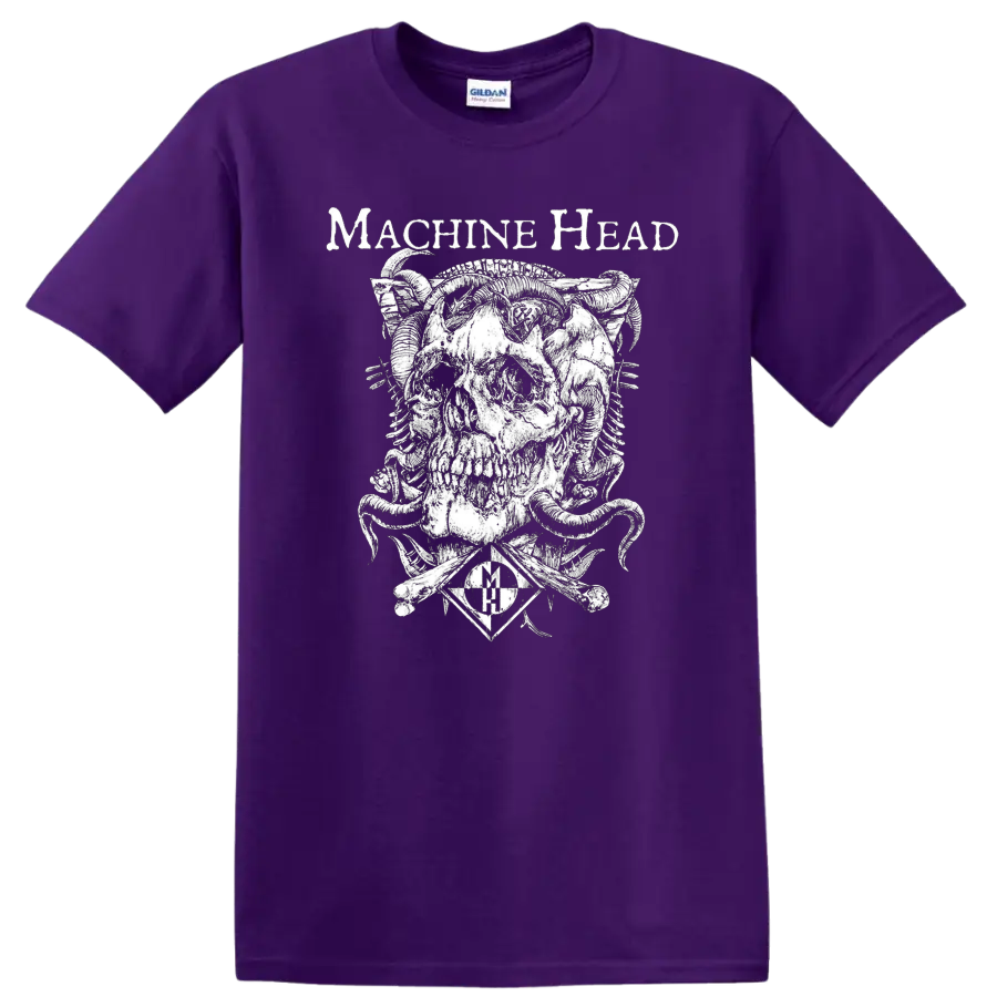 Machine Head skull graphic with mechanical details and band name text on a black - Purple