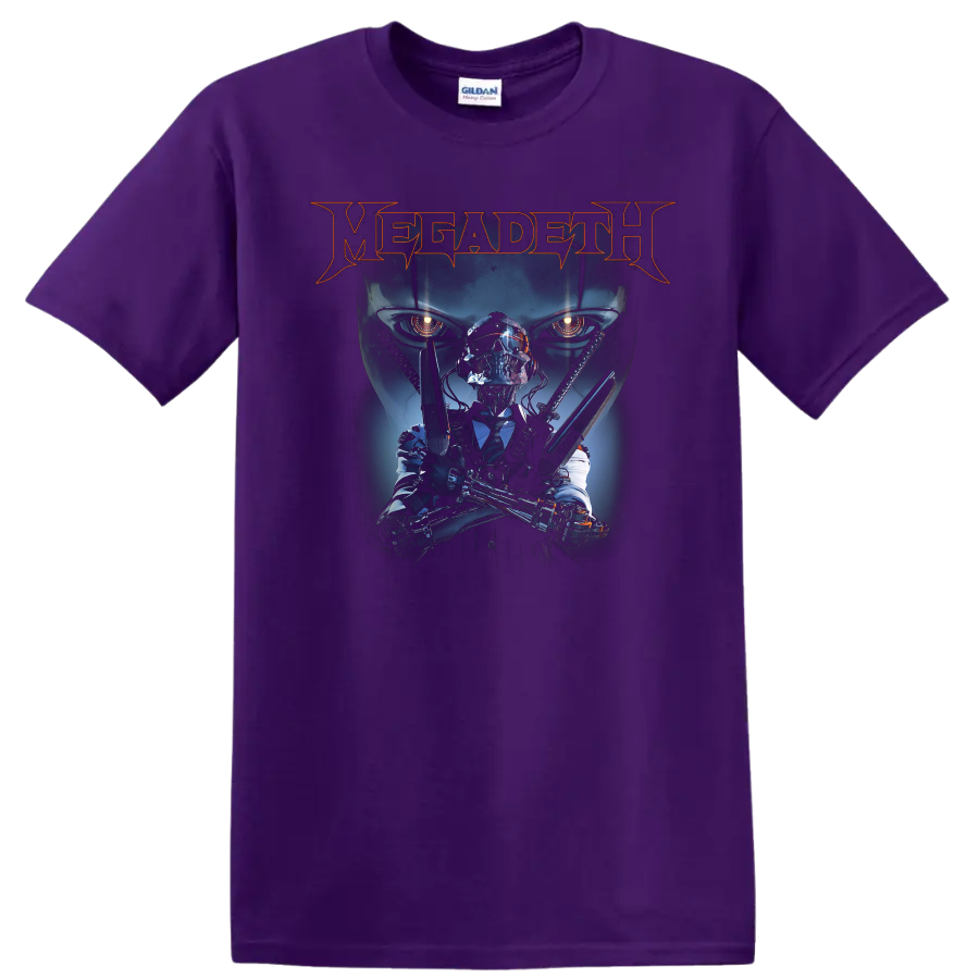Megadeth graphic print T shirt with skull cyborg figure and glowing - Purple